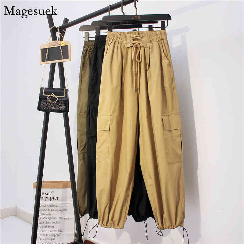 Autumn Cargo Pants Elastic Trousers High Waist Women Casual Streetwear Harem Woman Solid Femme Pantalon 10661 210518