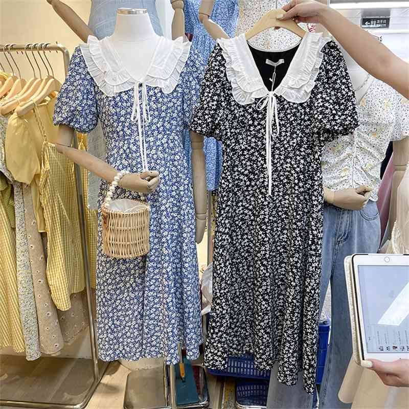 Summer Boho Dress Women's Vintage Sweet Bow Peter Pan Collar Floral Print Chiffon Casual Midi Robe Vestidos 210519