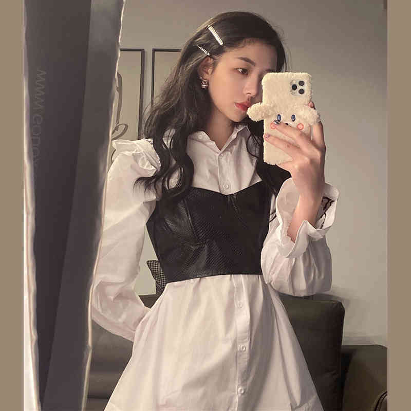 Casual Loose White Lapel Flare Sleeve Shirts Dress Women Mini + Sexy Black PU Leather Camisole Tops Fashion Retro Street High 210429