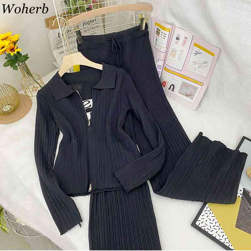 Women Zipper Knitted Cardigans Sweaters + Wide Leg Pants Sets Female Fashion Jumpers Trousers Set Korean Casual Outfit 210519
