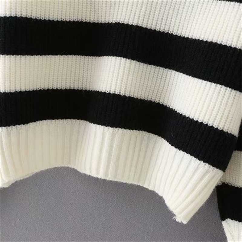 TRAF Women Fashion Striped POLO Collar Loose Knit Sweater Retro Long Sleeve Pullover Streetwear 211011Z
