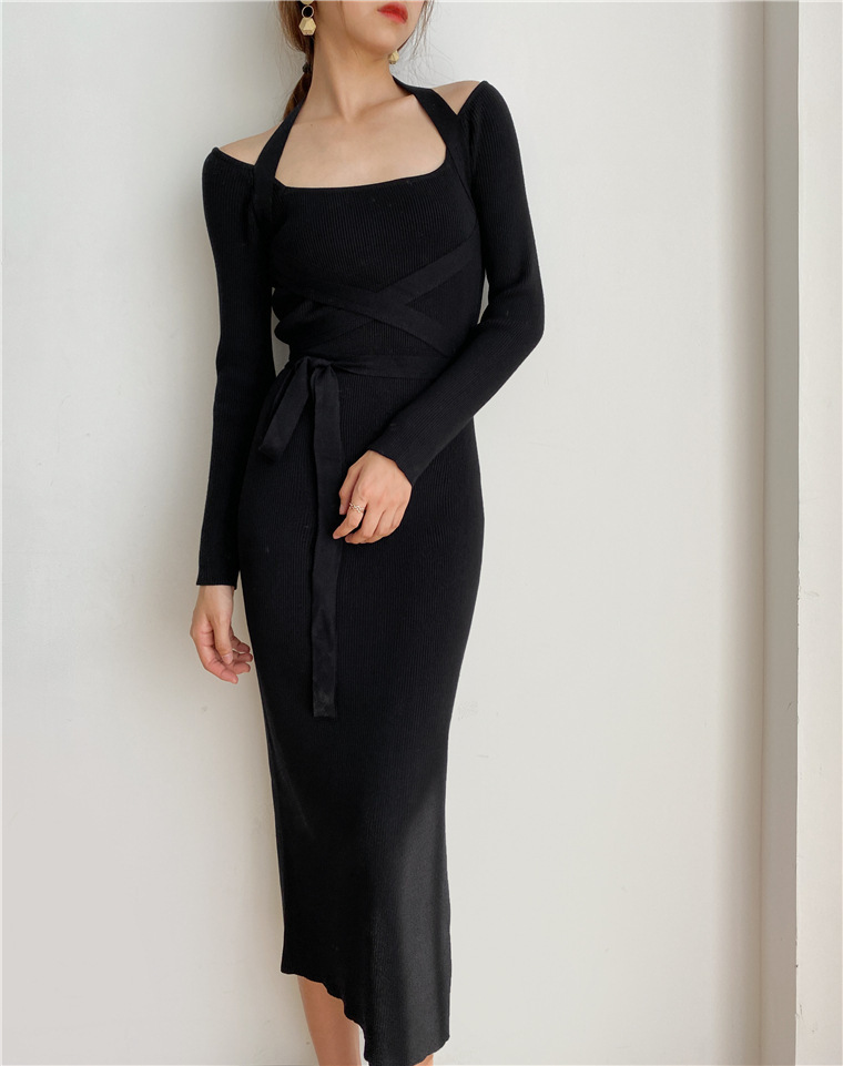 Nomikuma Slash Neck Elegant Slim Stretch Sweater Bodycorn Dreses Korean Bandage Slim Waist Knitted Vestidos Women Dress 6D319 210427