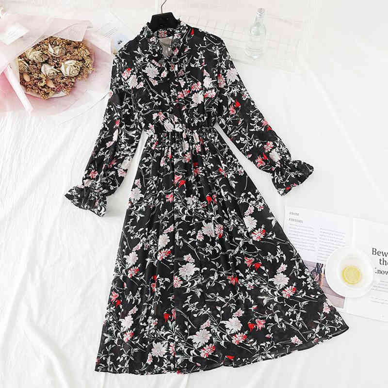 Women Dress Spring Summer Korean Fashion Vintage Floral Print Chiffon Midi Dress Ladies Elegant Dresses Clothes 210521