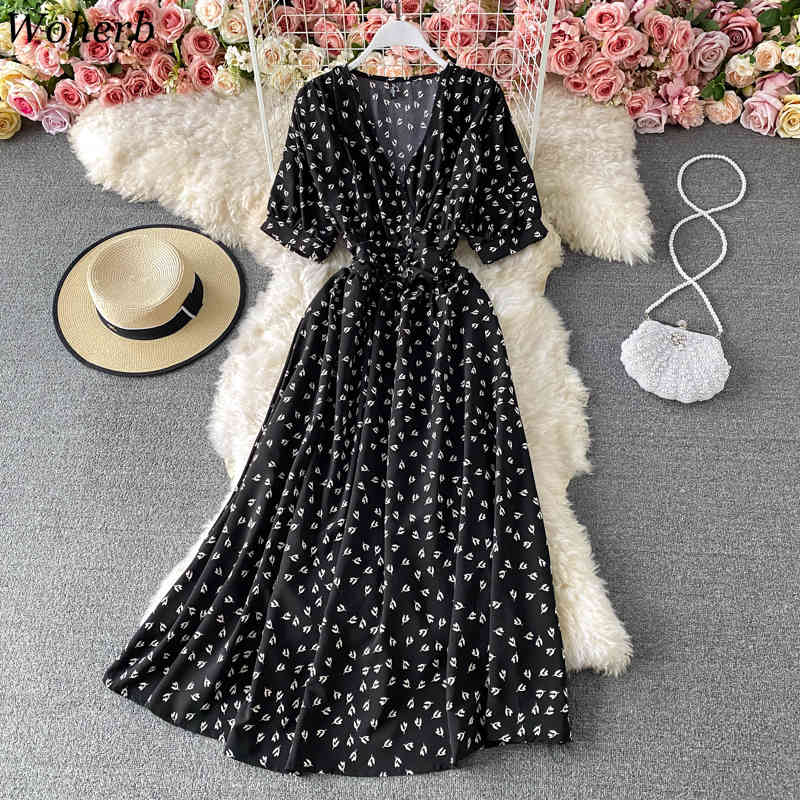 Summer Dresses Floral Printed Bohemian Short Sleeve Vestidos Mujer V Neck Korean A-line Woman Bandage Dress Vintage 210519