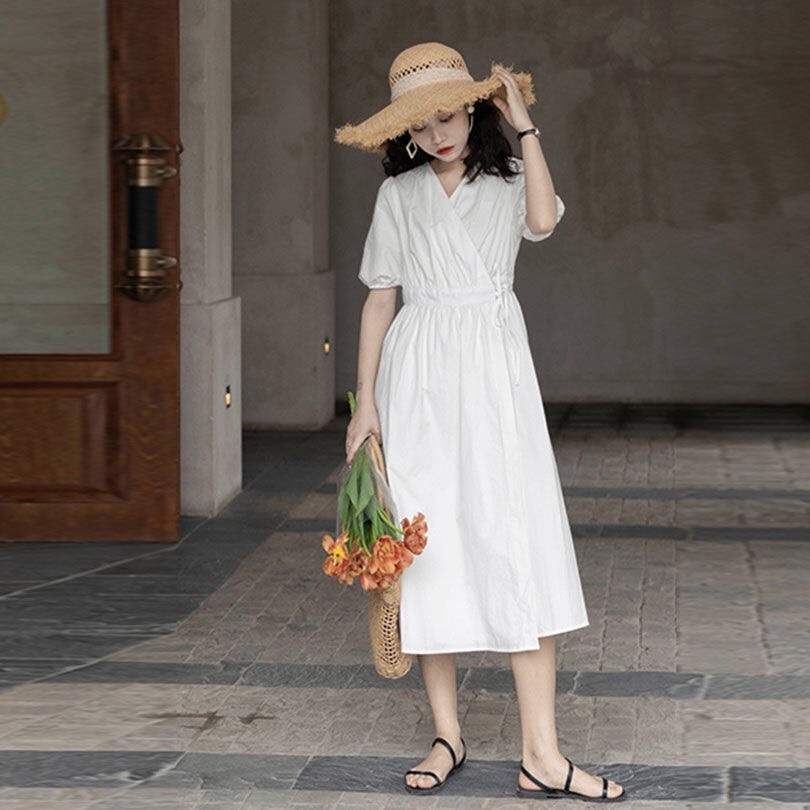Summer Holiday V neck Front Slit Plain Color Wrap Dress Woman Tie Bow Lace up Waist Short Puff Sleeve Midi Long Dresses 210429