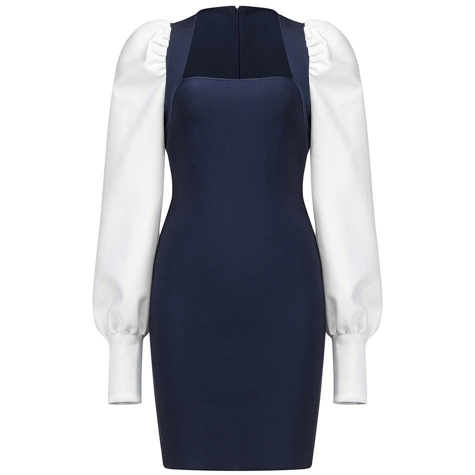 Free Women Bandage Dress Sexy Square Neck Bubble Long Sleeve Bodycon Mini Celebrity Club Party Vestidos 210524