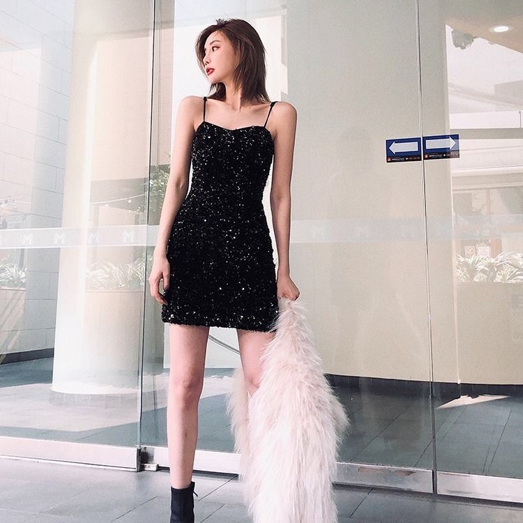 sexy dress mini black sequined bodycon club night spaghetti stap gothic party summer es for women vestidos 210421