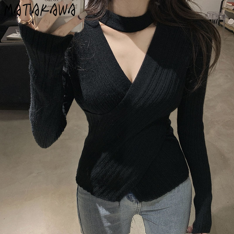 MATAKAWA Bottoming Top Korean Style Solid Woman Sweaters V-neck Halter Slim Knit Sweater Women 210513