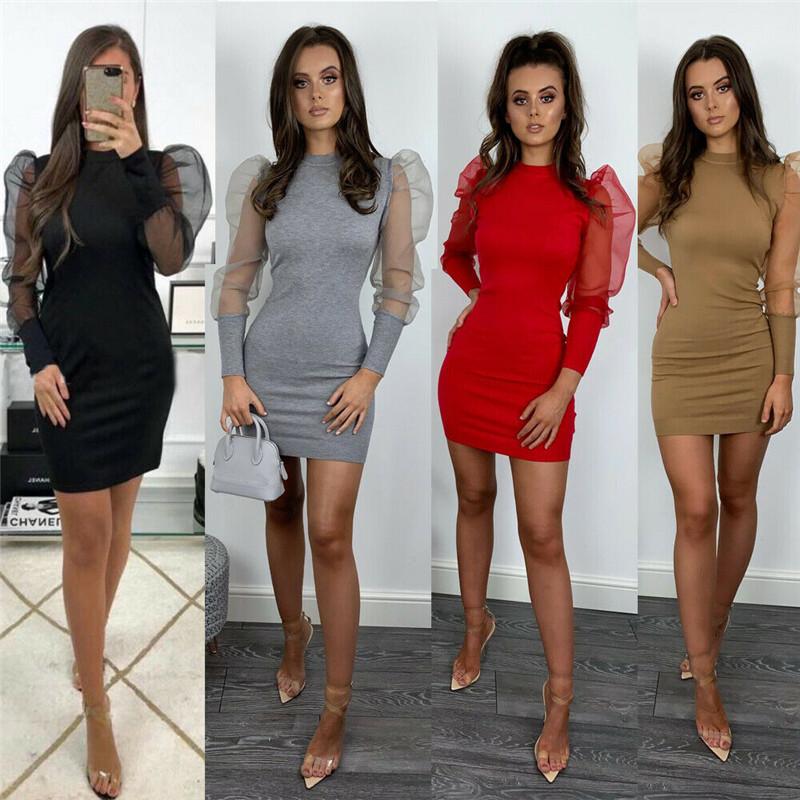 Trendy Women Dress Transparent Long Puff Sleeve Round Neck Bodycon Slim Party Polyester Knitted Sexy MIni Dresses One Pieces Casual
