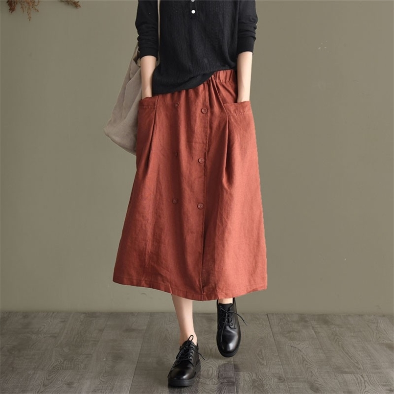 Spring Autumn Arts Style Women Elastic Waist Loose A-line Long Skirt Double-breasted Cotton Linen Casual Skirts M505 210708, Beige