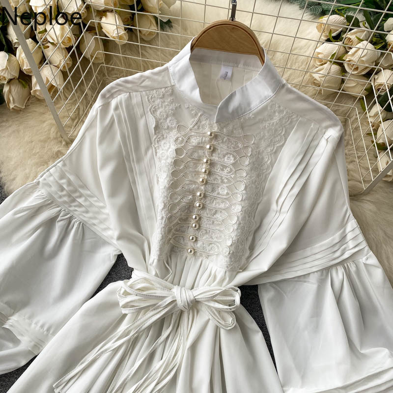 Neploe White Dress Temperament Stand Neck Slim Lace Short Vestidos Vintage Lantern Sleeve Loose Robe Heavy Pleated Dresses 4G907 210422