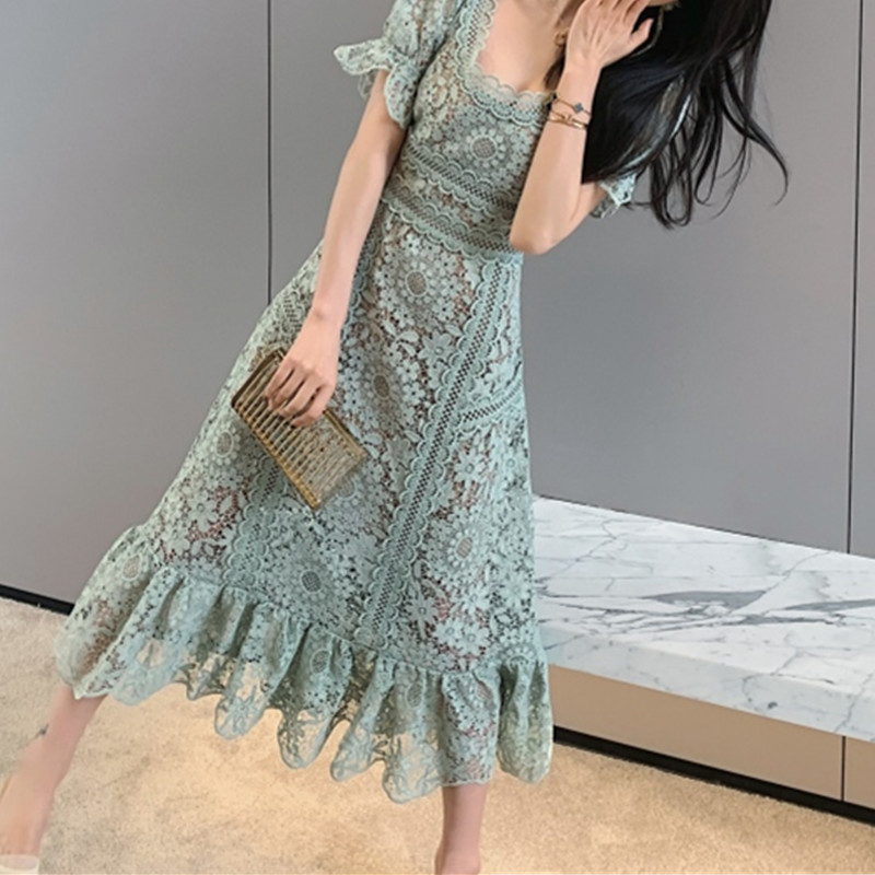 Fashion Elegant Solid Lace Hollow Out Dress Women's Flared Sleeves Vintage Green Summer Dresses Vestidos 210520