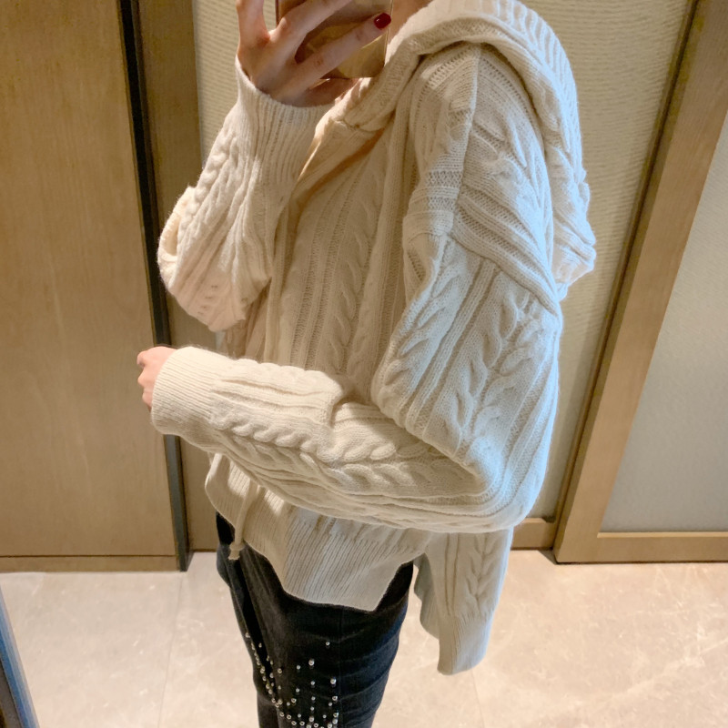Wohern Korean Fashion Ladies Hooded Sweater Women Knitting White Sweaters Casual Pullover and Jumper Loose Knitwear Autumn 210519