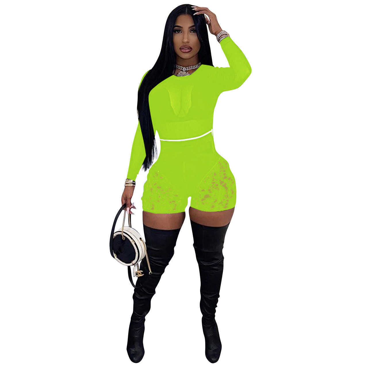 Women Set Solid Mesh Long Sleevele Tops Lace Shorts Two 2 Piece Sets Sexy Night Clubwear Summer Outfits X0709