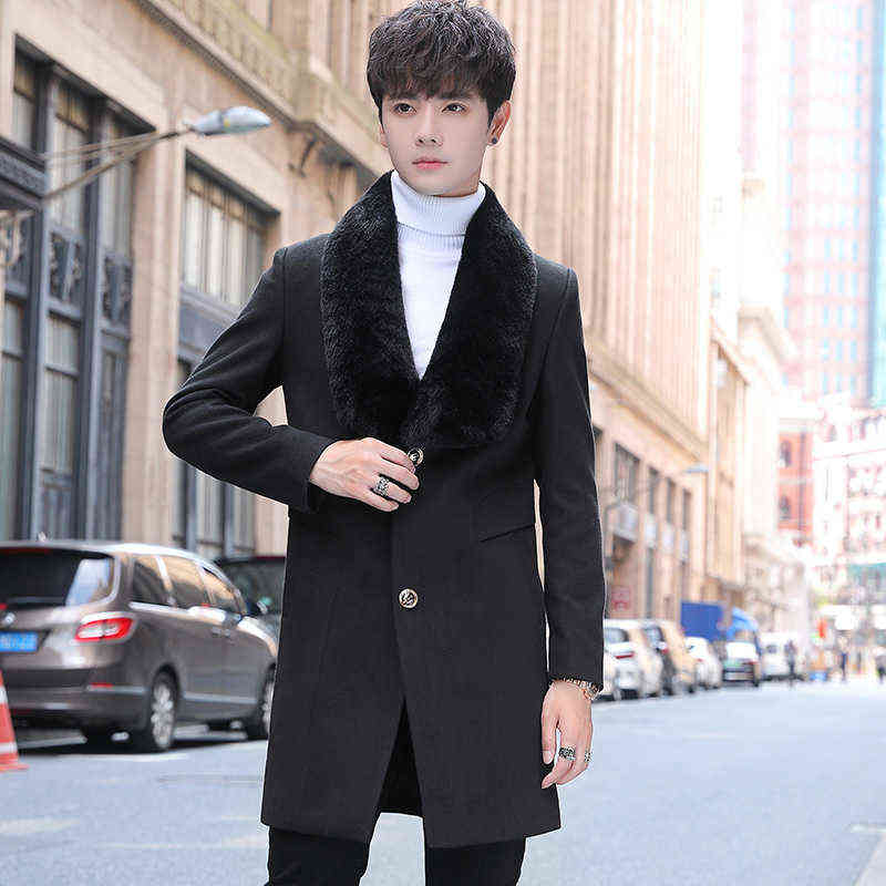Winter Thicker Jackets Mens Wool Trench Coat Fur Collar Keep Warm Long Overcoat Men Casual Windbreaker Erkekler Ceket 211122