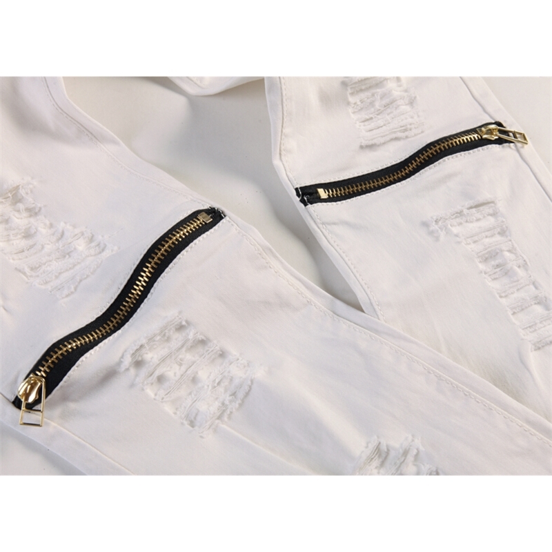 Men's Pants Hole Cut Slacks Knee with Zipper Foot Stretch Trousers Ripped Jeans White Skinny Pencil Pants Joggers for Male 210518