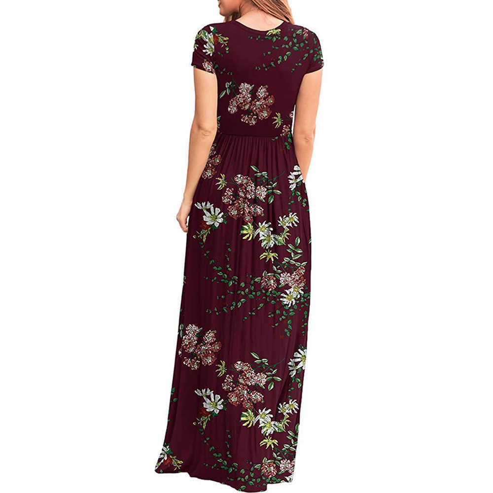 GULE Short Sleeve Summer Pleated Empire Waist Round Neck Floral Maxi Long Pockets Dress 210630