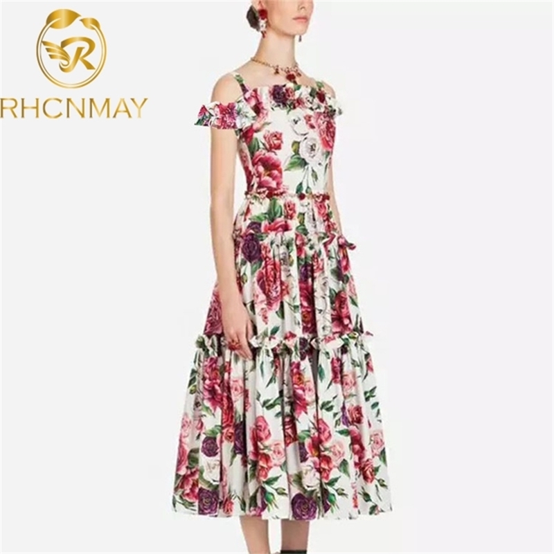 Summer Holiday Beach Long Dress Runway Women Off Shoulder Floral Rose Printed Maxi Sexy Slash Neck Swing es 210506