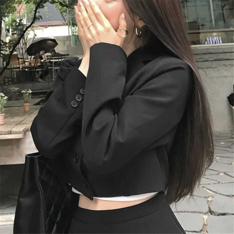 Short blazer women korean long sleeve vintage tops s buttons notched neck crop top casual streetwear 210930