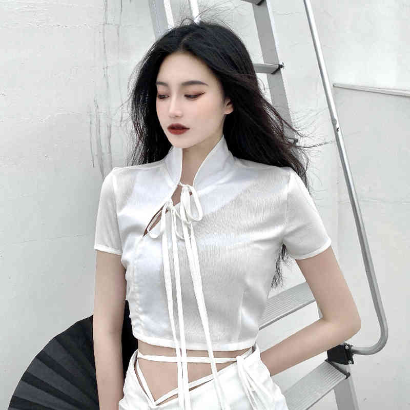 White Stand Collar Bandage Tops And High Waist Folds Split Mid-calf Skirt Two Piece Sets For Women In Summer 210427
