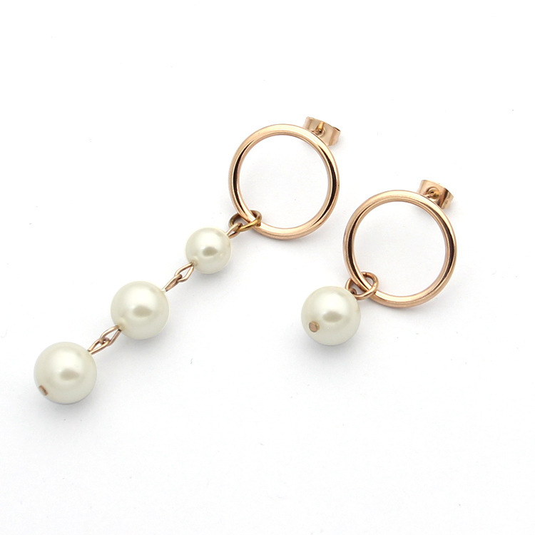 fashion Stainless steel asymmetrical three pearl earrings women's circle earrings