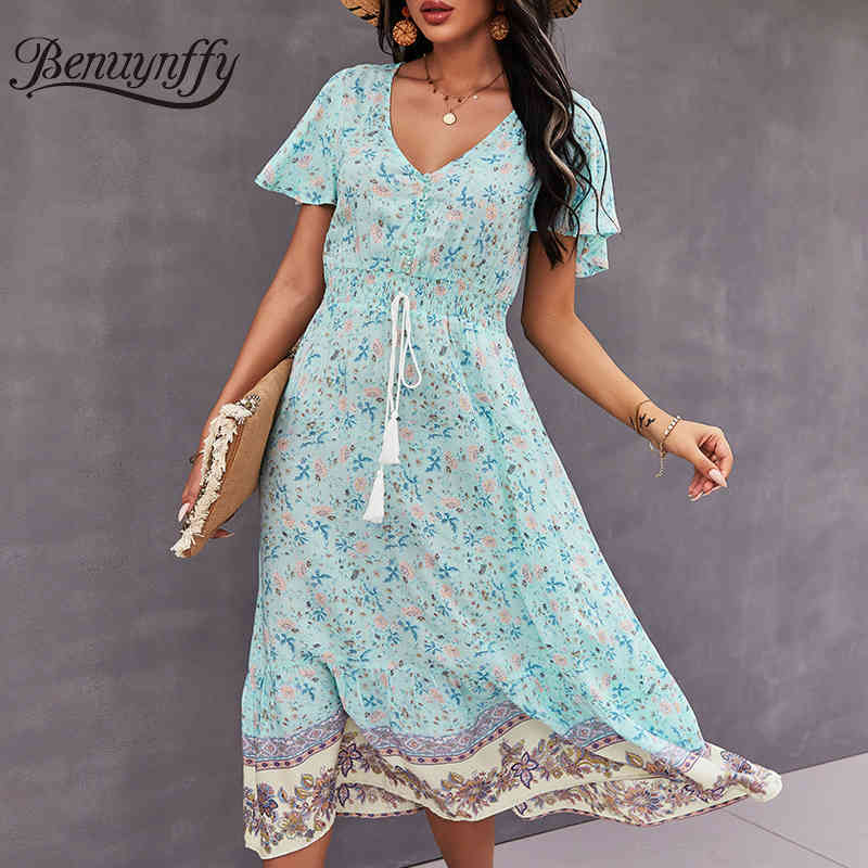 V-neck Short Sleeve Button Detail Bohemian Dresses Women Summer Vacation Casual Tassel Tie Waist Print Long Dress 210510