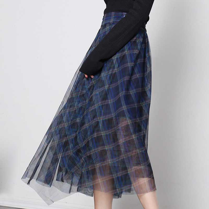 Fashion Elegant Temperament Blue Mesh Plaid Skirt High Waist A-line Women Skirts Fresh All-match Office Lady Jupe 210525