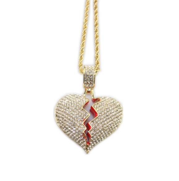 Broken Heart Iced out Pendant Necklace Men's Bling Crystal rhinestone Love charm Gold Silver Twisted chain For women Hip hop Jewelry