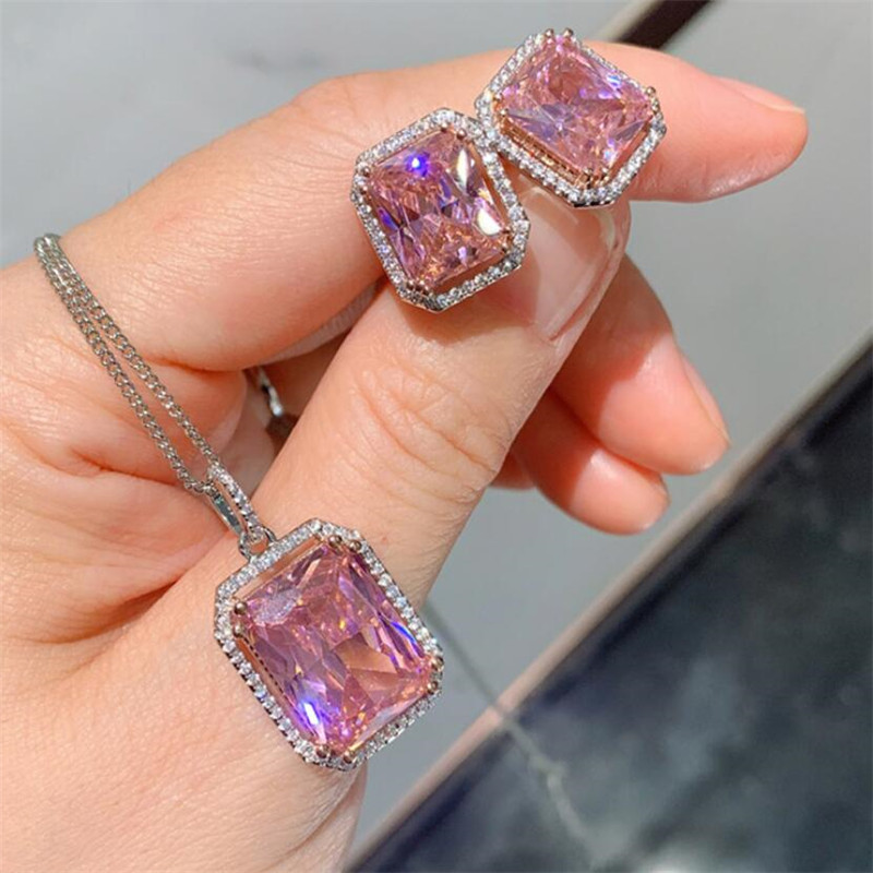 Choucong Top Sell Stud Earring Jewelry Sterling Sier Princess Cut Pink Topaz CZ Dia Gemstones Eternity Women Wedding Earrings For Lovers Gift