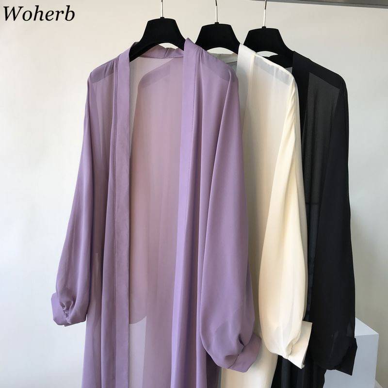 Lantern Sleeve Long Blouses Kimono Cardigan Holiday Beach Outwear Women Summer Tops Plus Size Korean Clothes Shirts 210519
