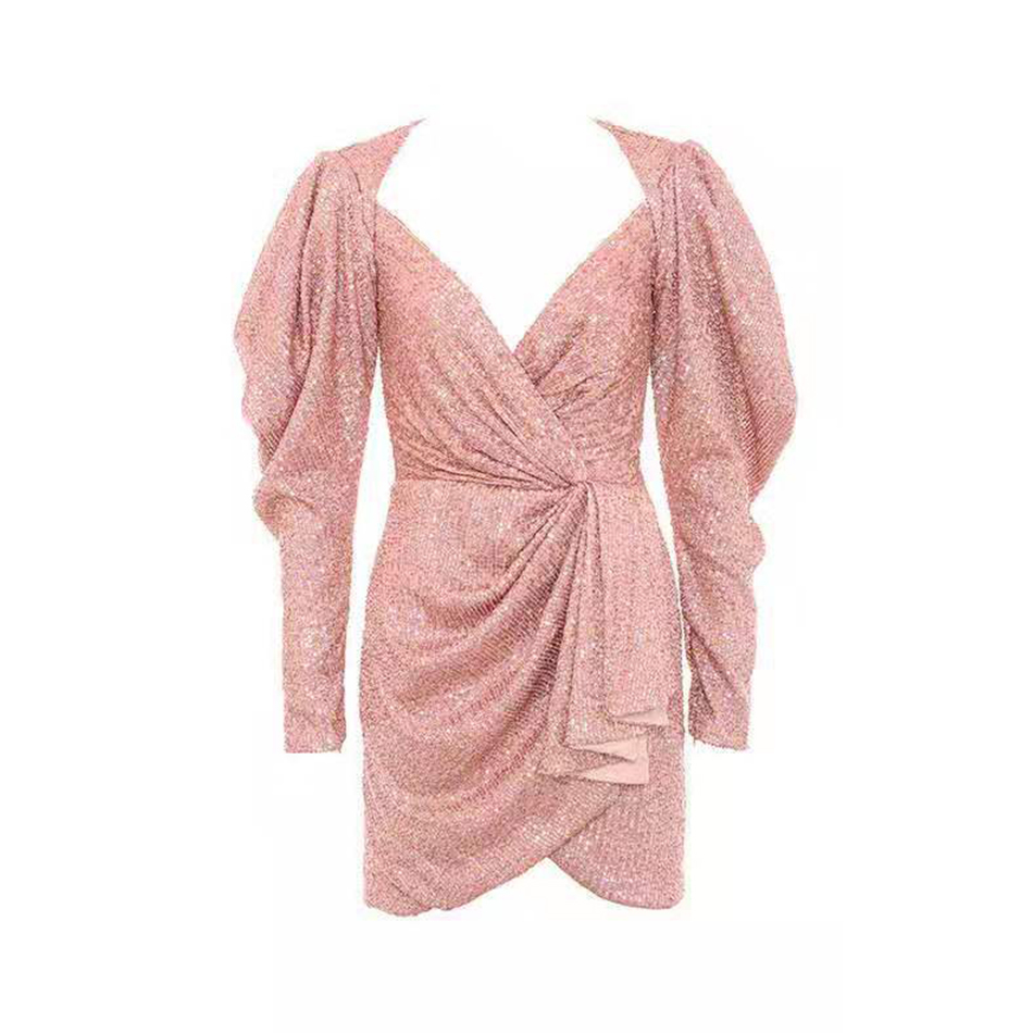 Summer Women's Dress Sexy V-neck Sequins Bubble Long Sleeve Tight Mini Vestidos Club Party 210525