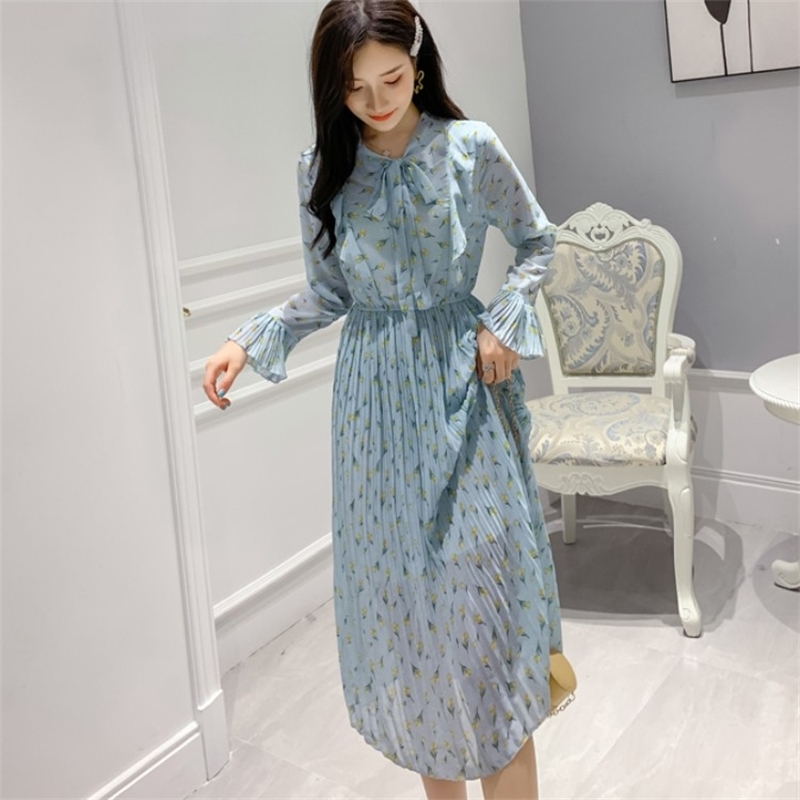 Spring Chiffon Dress Female Sweet Bow Tie Flare-sleeved Printing Fashion High Waist Casual Pleated Dresses Robe 210519