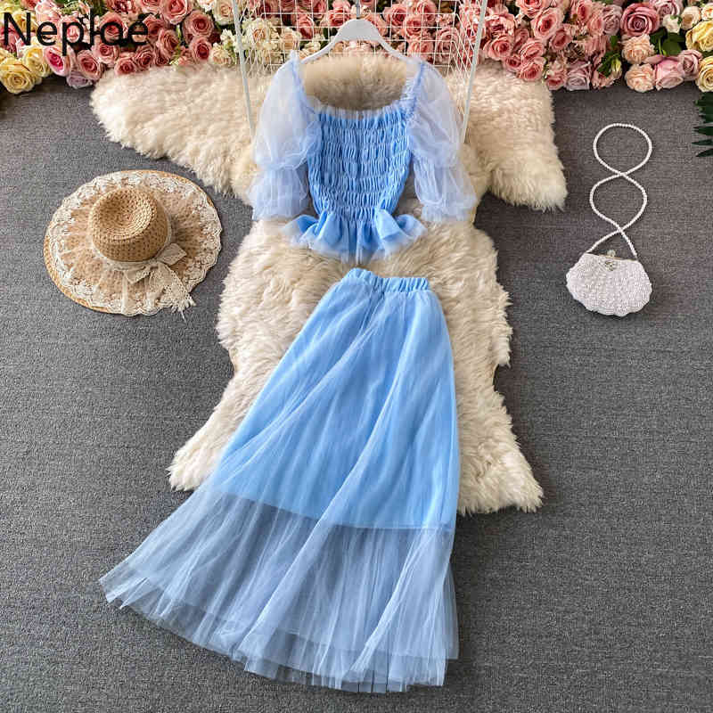 Neploe 2 Piece Set Women Gauze Patchwork Pleated Crop Tops Slim Big Swing Skirt Korean Sweet Suit Summer Femme Roupas 4i392 210422