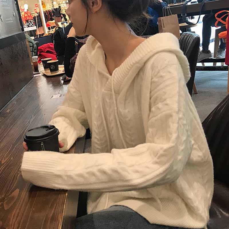 Wohern Korean Fashion Ladies Hooded Sweater Women Knitting White Sweaters Casual Pullover and Jumper Loose Knitwear Autumn 210519
