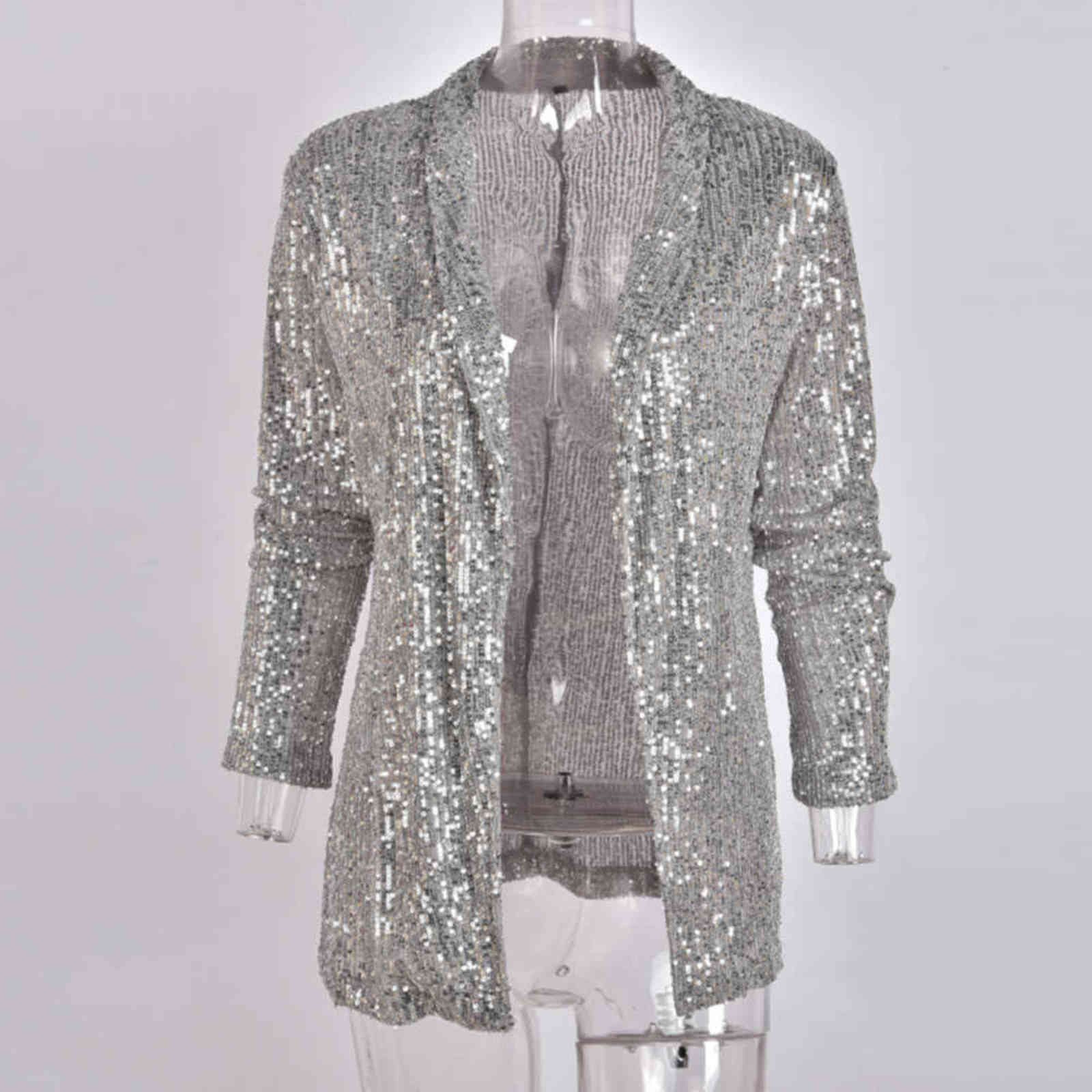 Sequins Long Sleeved Blazers Fashion Women Shiny Party Coat Silver Casual Sleeve Jacket Female Chemise D35 211122