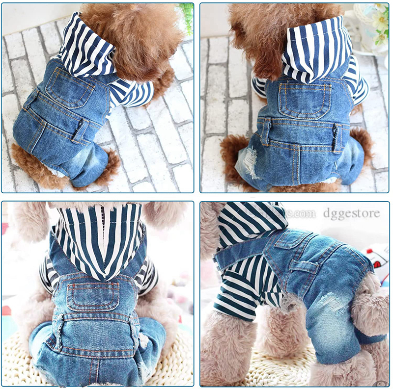 Dog Apparel Denim Striped or Grid Pet Dogs Jumpsuits Puppy Cat Hoodie Jean Coat Four Feet Clothes for Small Doggy Teddy Yorkies Sweatshirt Jeans Blue 