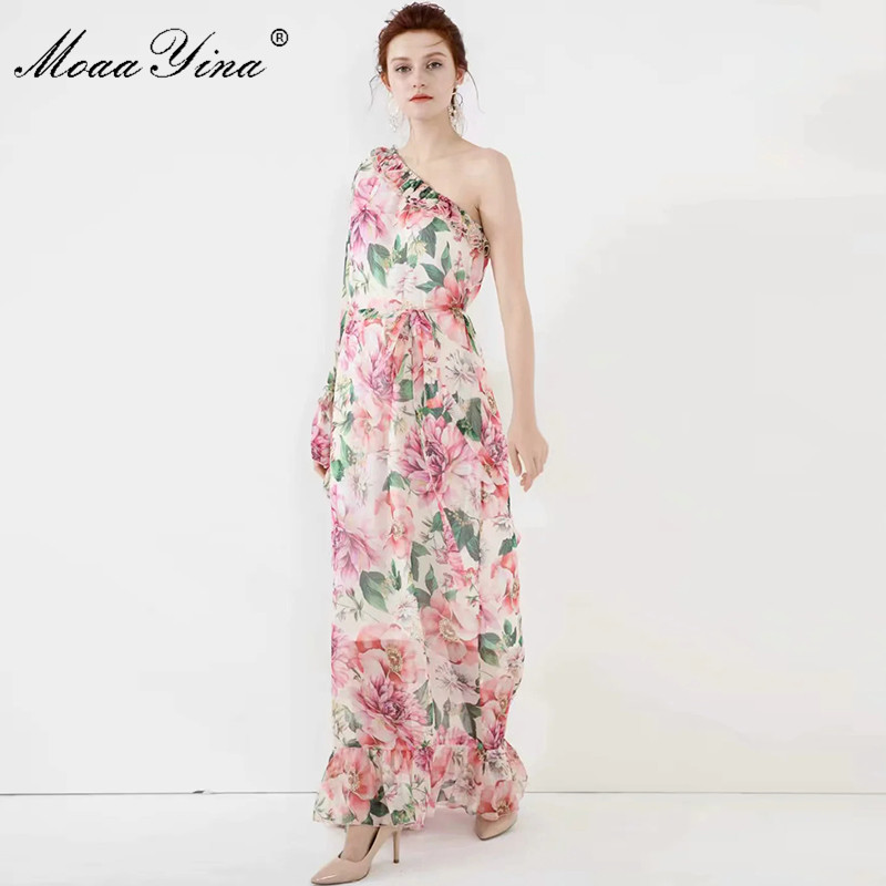 Spring Summer Women Dress One-shoulder Irregular Collar Floral-Print Cascading Ruffle Vacation Party Maxi Dresses 210524