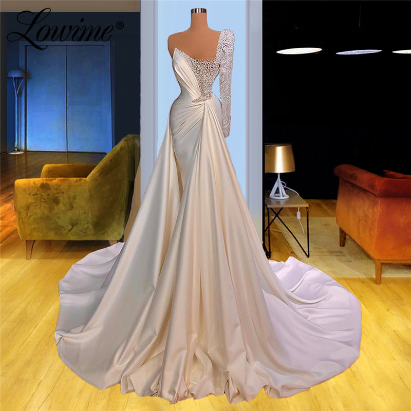 2021 White Satin Evening Dresses For Women Pearl V Neck Mermaid Prom Party Gowns Long Wrap Formal Robe De Soirée