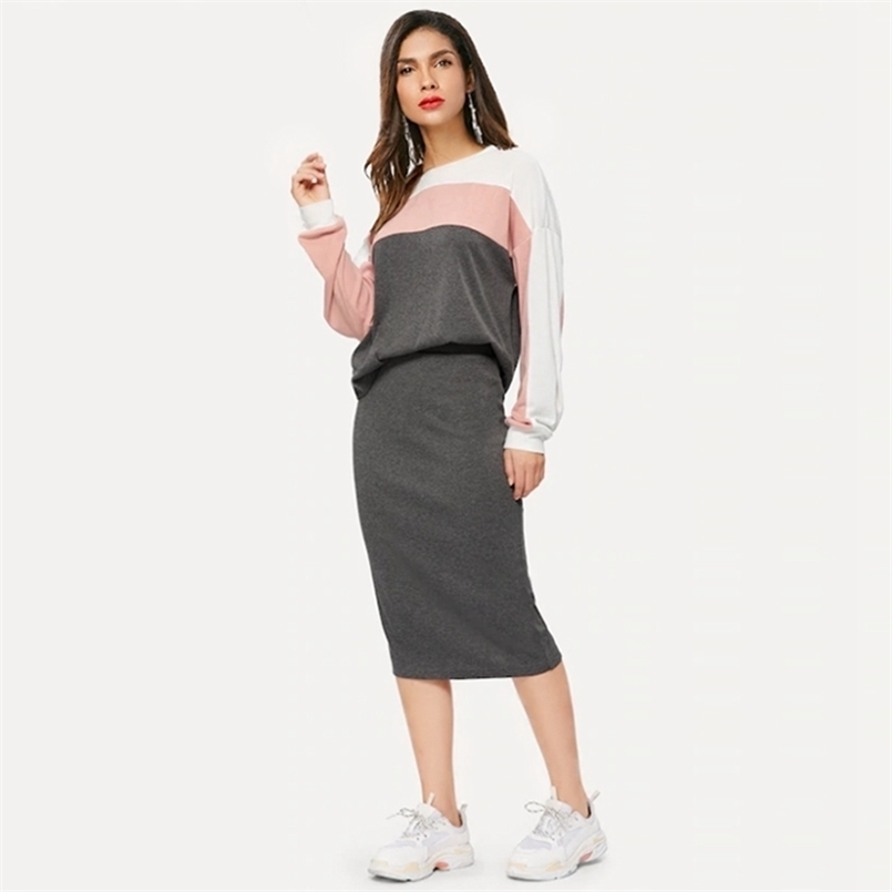 Summer Womens Two Pieces Long-sleeved Sweatshirt Grey Patchwork Stretch Knit Sweater High Elastic Skirt Casual Sports Suits 211108, Gray
Summer Womens Two Pieces Long-sleeved Sweatshirt Grey Patchwork Stretch Knit Sweater High Elastic Skirt Casual Sports Suits 211108, Gray