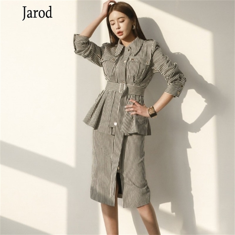 Autumn 2 Pieces Set Women Office OL Vertical stripes elegant Belt Jacket tops+High waist Midi skirts Suits Wear to Work 210519