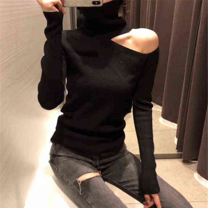 Knitted Sweater Off Shoulder Pullovers Sweater for Women Long Sleeve Turtleneck Female Jumper Black White Sexy Clothing 211109