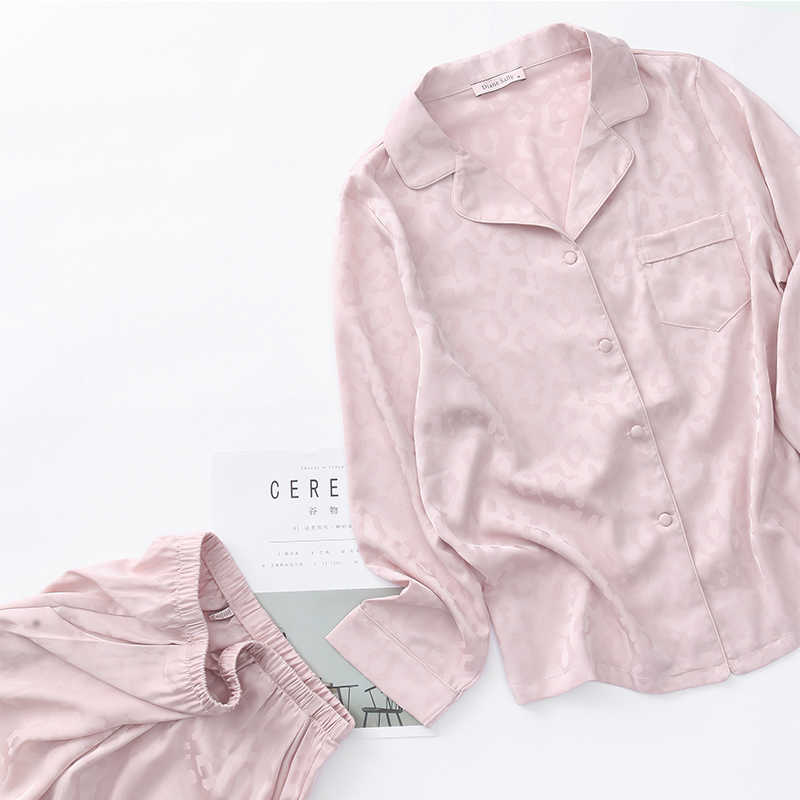 Women Loungewear Satin Leopard Pajamas Set Casual 2PCS Shirt&Pants Sleepwear Loose Nightwear Intimate Lingerie Home Clothes Q0706