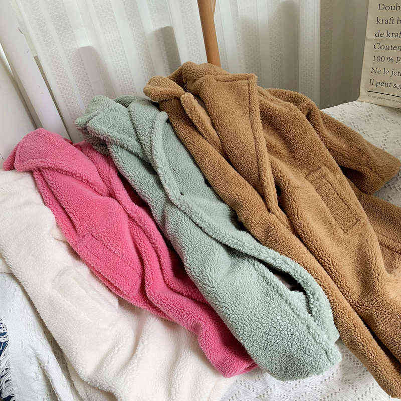Pink Teddy Bear Long Coats Women Winter Thick Warm Oversized Chunky Outerwear Faux Lambswool Fur Coats Solid High Street 211123