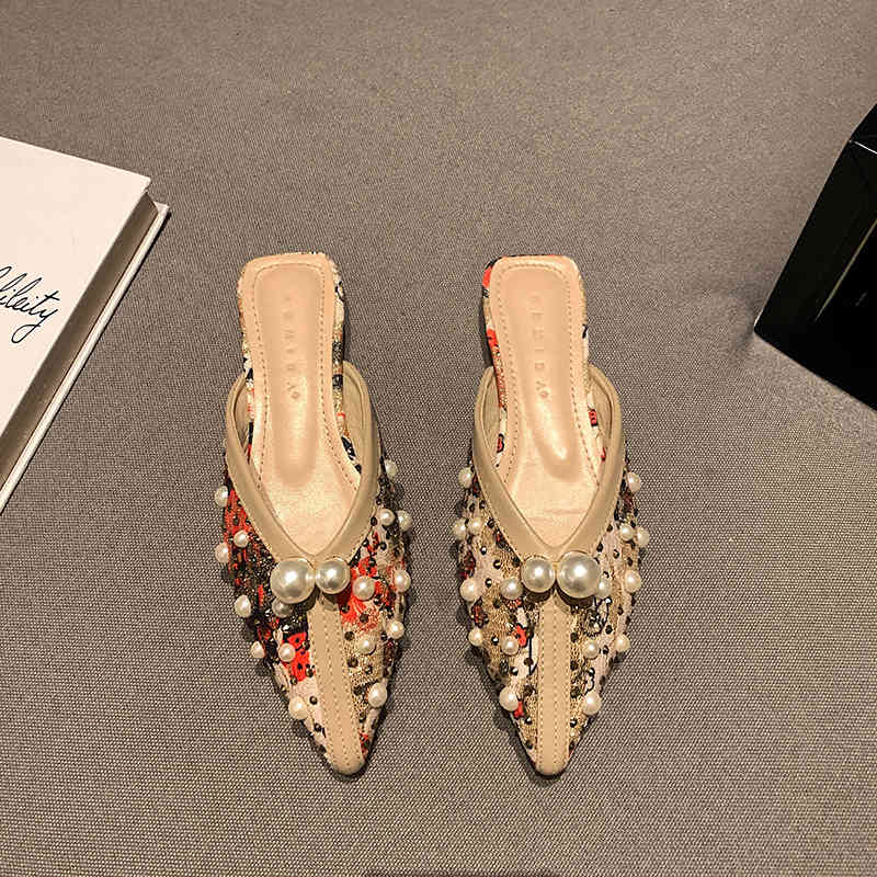 Elegant bead string women's flat sandals felt top summer Lefu slippers Lace black and white stitching lady slide