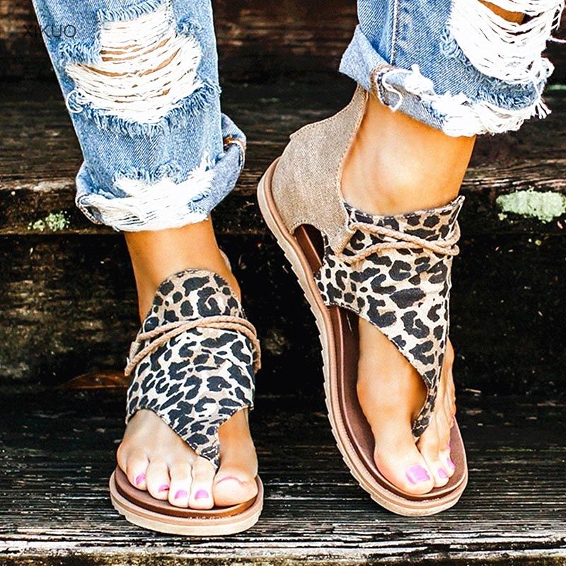 Slippers Large Size Sandals Women's 2021 Holiday Clip Toe Back Zipper Beach Shoes, Leopard-print