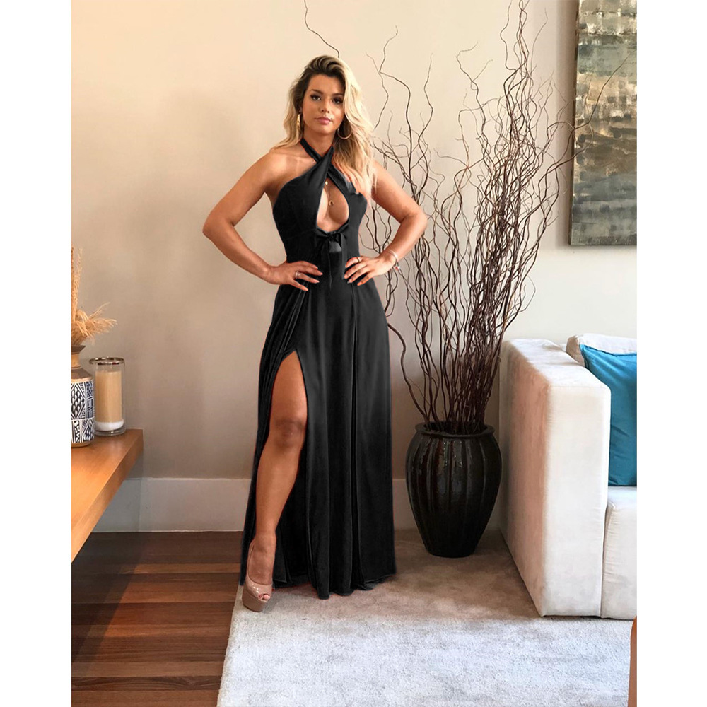 Women Dress Split Sleeveless Hollow Out Sexy Dresses Black Blue Yellow Long Summer Clothes Fashion 210524