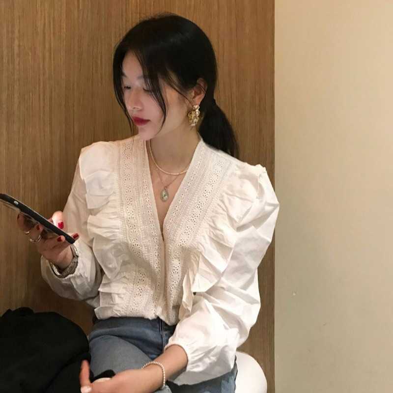 Korean Chic Women Tops Ruffle Patchwork V-neck Blouse Shirt Spring Lantern Sleeve Blusas Mujer De Moda 6G686 210603