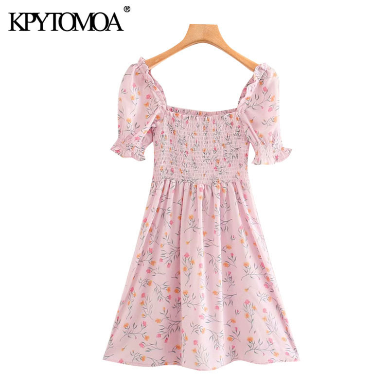 Women Chic Fashion Floral Print Ruffles Mini Dress Puff Sleeves Smocked Female Shirts Blusas Tops 210420