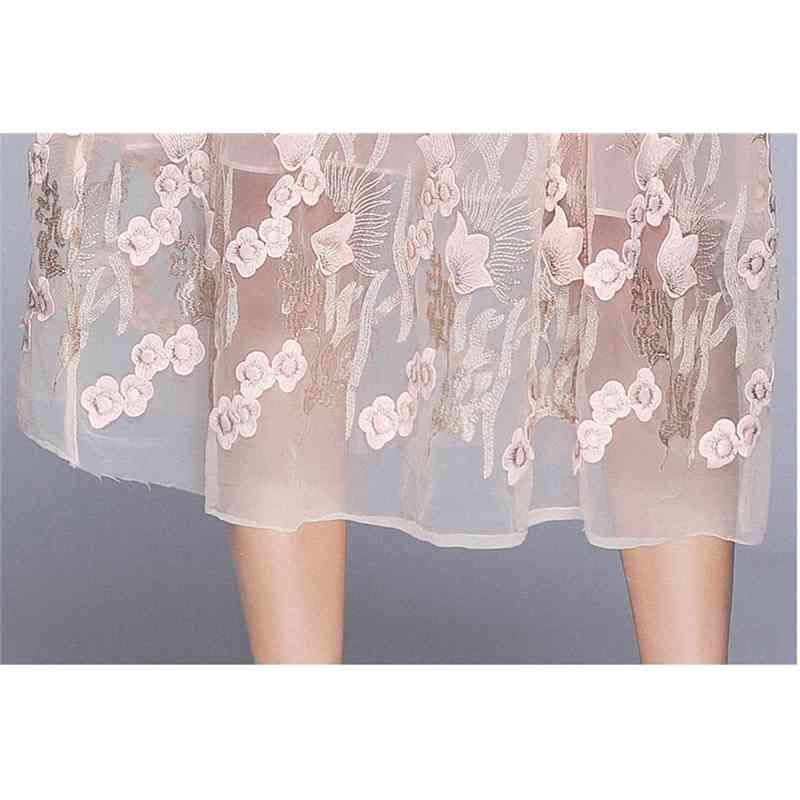 High Quality Runway Womans Sleeveless Summer Dress Floral Mesh Embroidery Calf Length Elegant Party Vestidos 210520