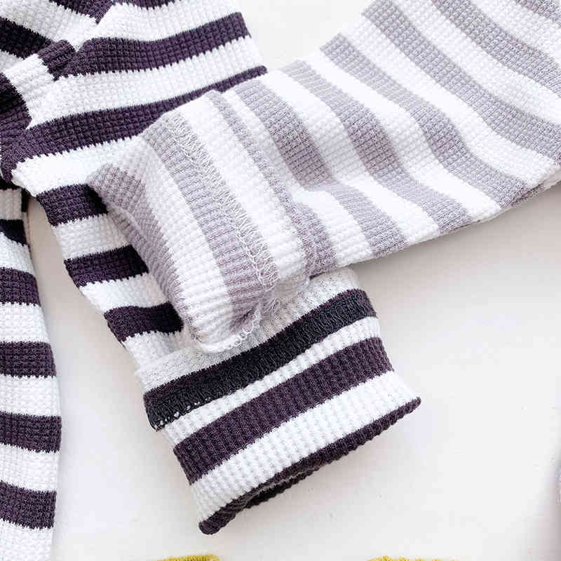 Autumn Winter born Infant Baby Boys Girls Stripe Rompers + Hat Clothing Kids Boy Girl Long Sleeve Clothes 210429